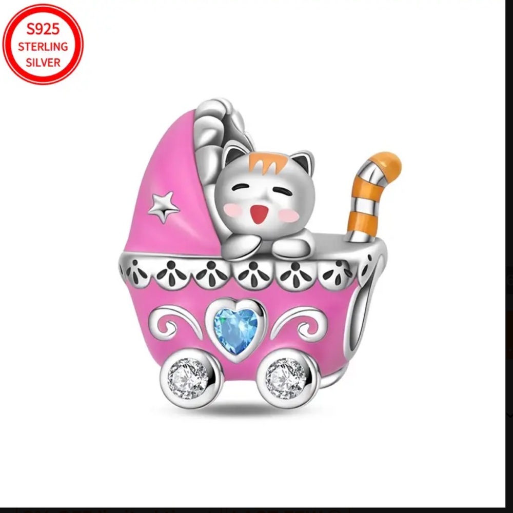 KITTY IN STROLLER BRACELET CHARM FOR PANDORA BRACELETS & MOST OTHERS-NEW